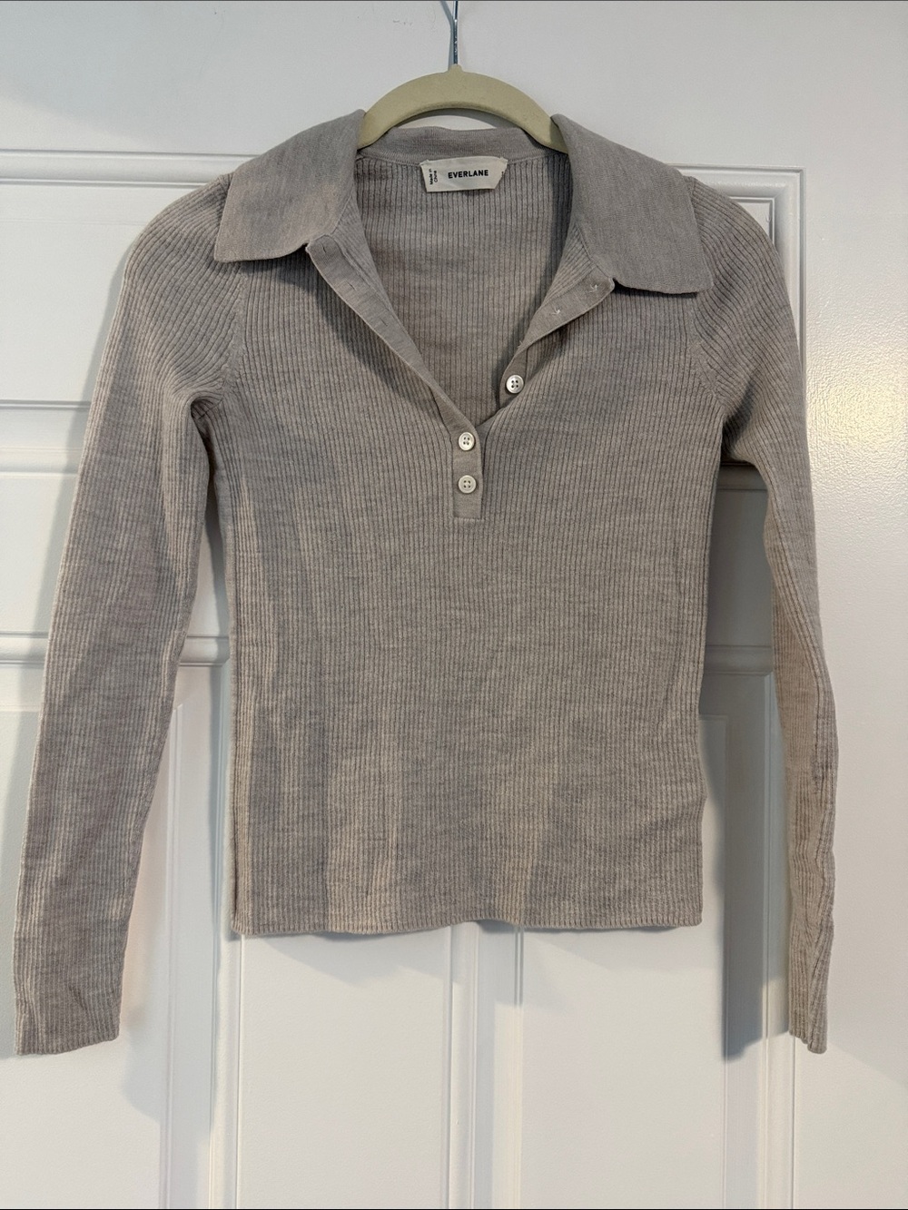 Everlane Light Gray Ribbed Long-Sleeve Polo Sweater